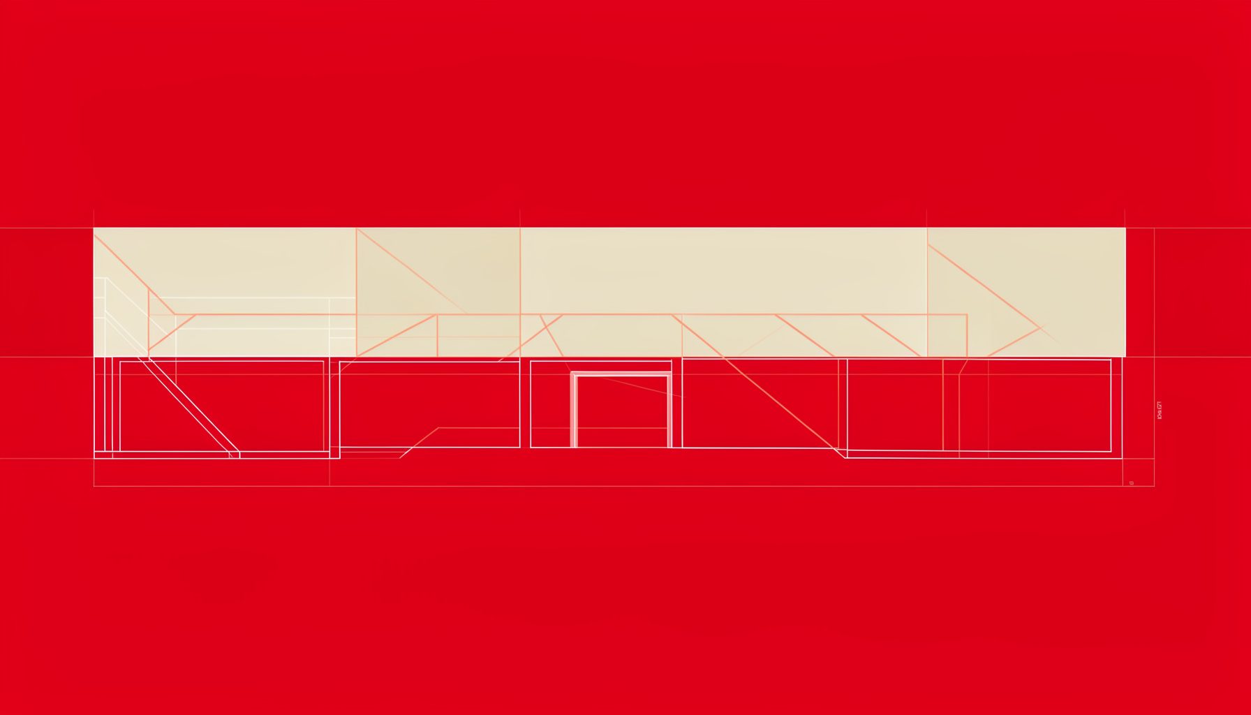 Wide horizontal editorial banner in soft cream and muted sand tones with thin coral-orange geometric lines forming an abstract composition